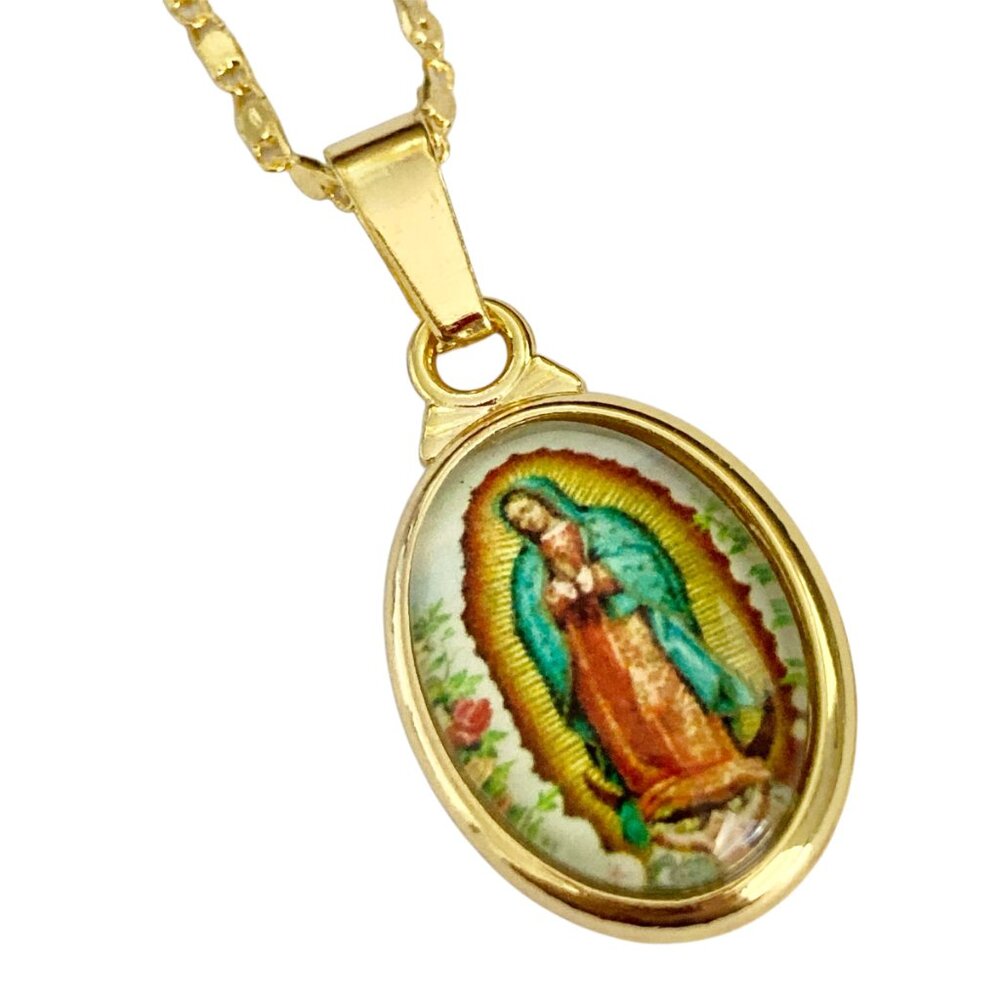 Virgin Mary Our Lady of Guadalupe Gold Necklace 20" Plated Pendant Mexican Saint